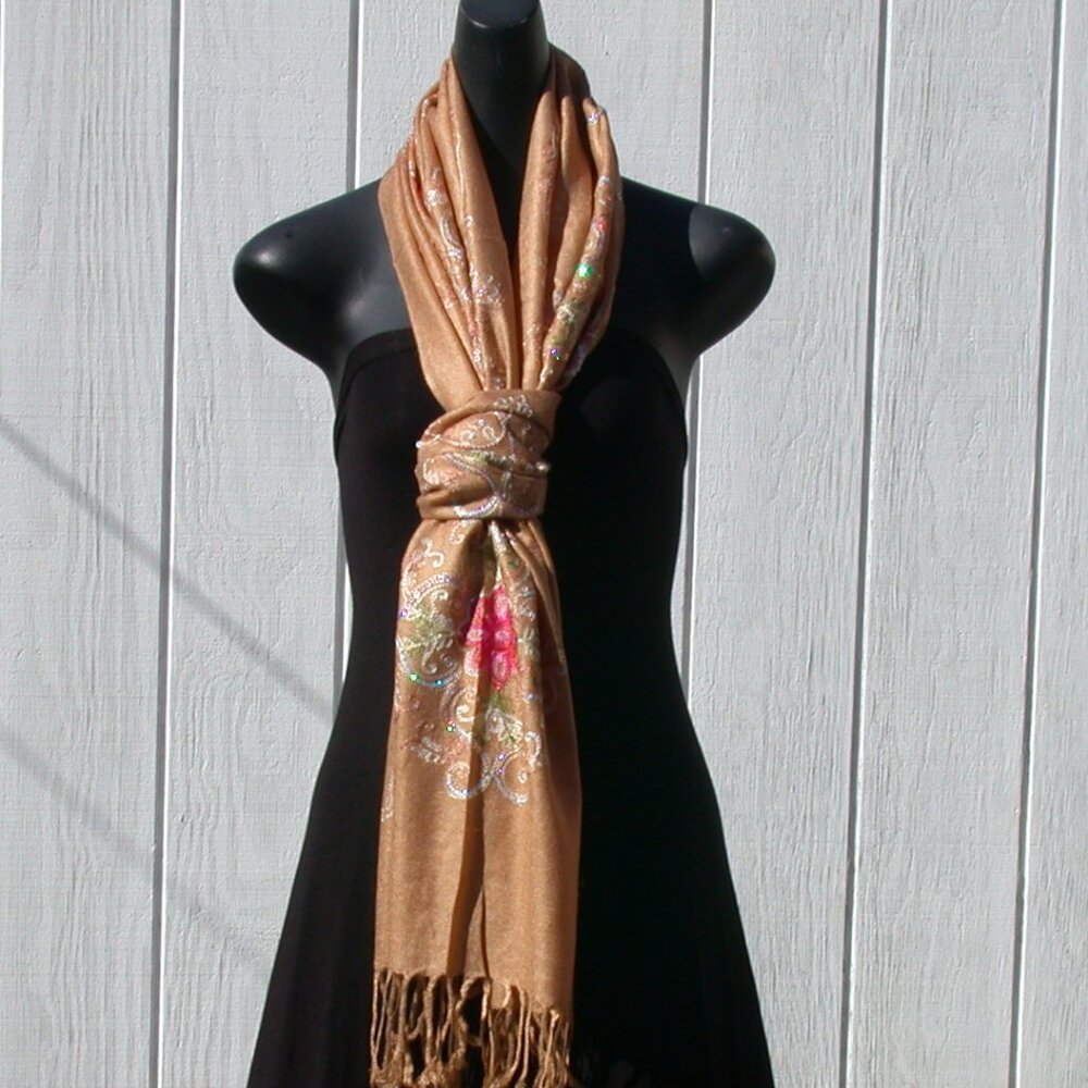 Embroidered Scarves TAN Shoulder Wrap Muslim Hijab Floral Print Fashion Shawl